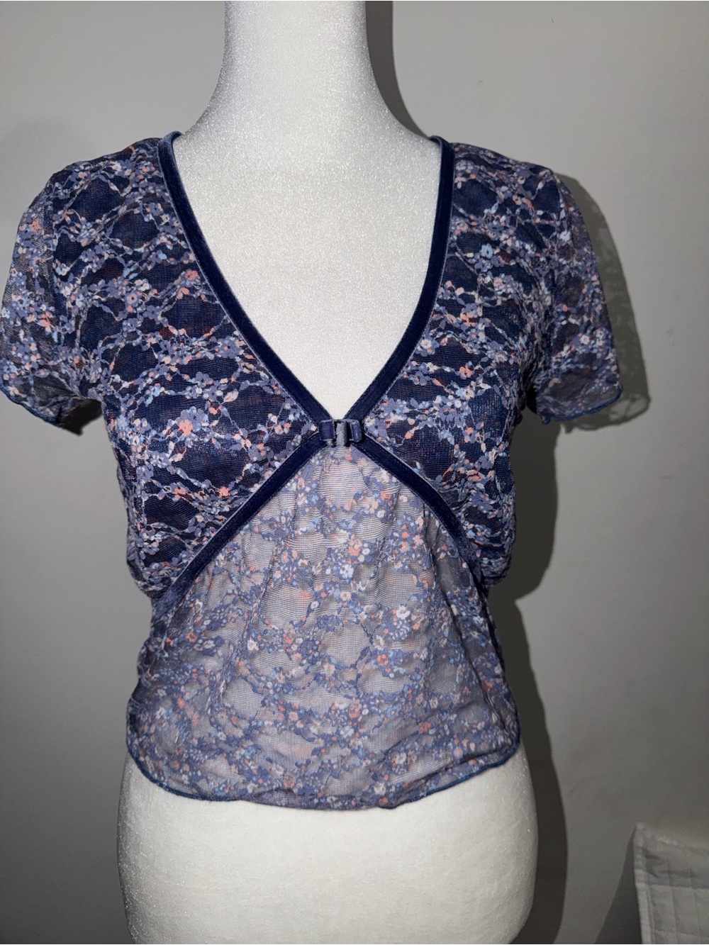 Women's Navy Lace Overlay V-Neck Top